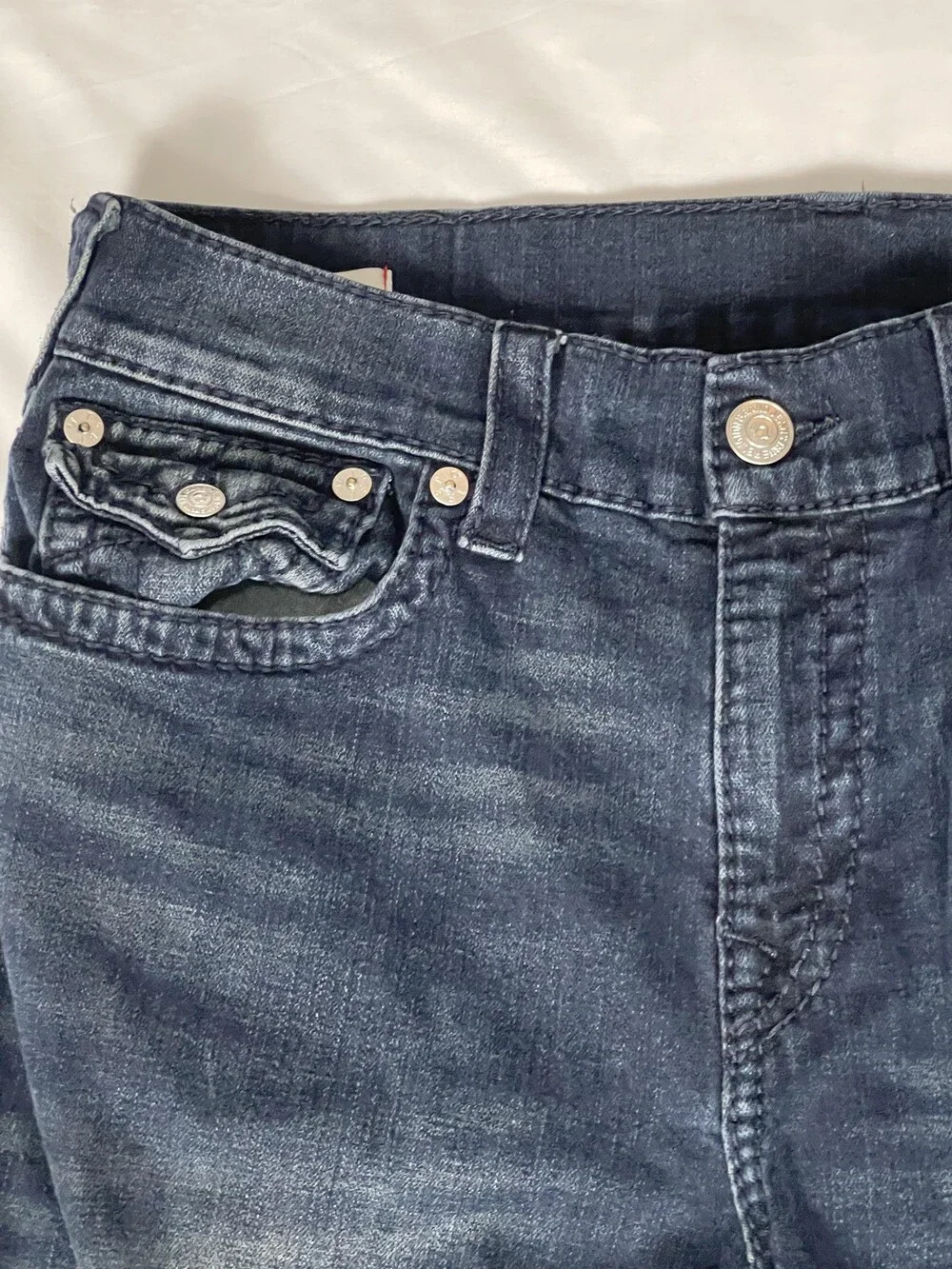 True Religion Geno Relaxed Slim Jeans Mens 35x34 Dark Blue Denim Geno Flap Big T